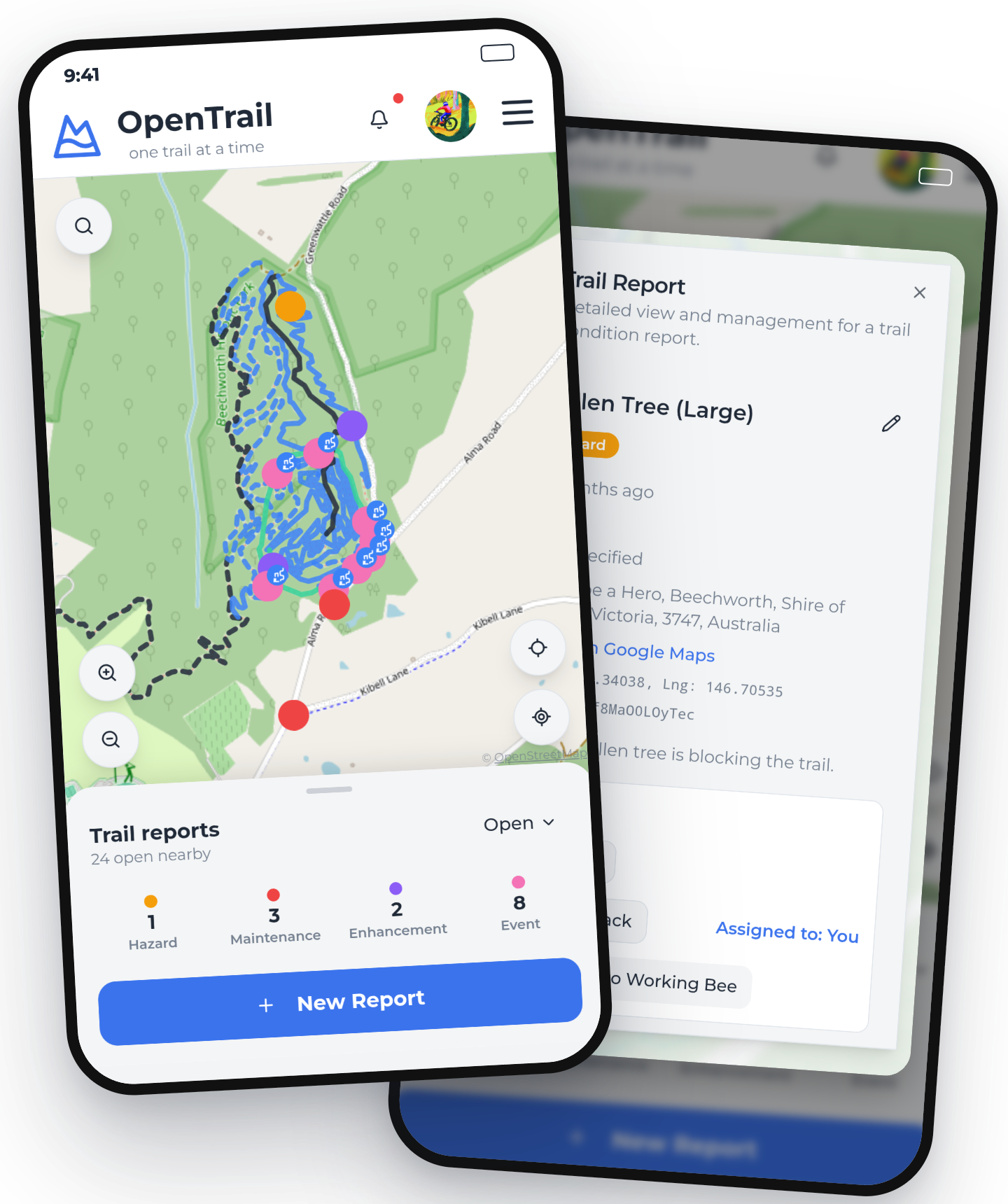 OpenTrail on a phone, showing the live trail map with category filters and a trail report's detail view